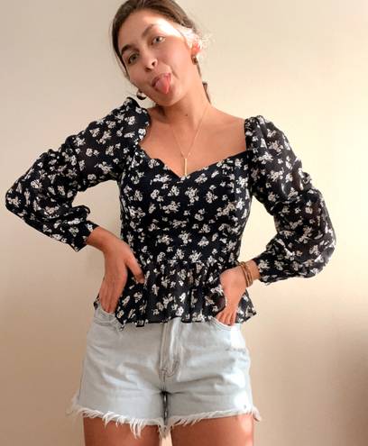 Lane 201 Navy Blue Flattering Floral Long Sleeve Puffy Sleeve Peplum Blouse Top