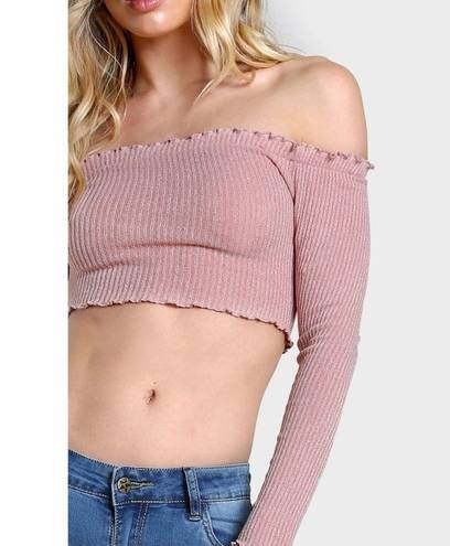 Edge ✨HP✨Pink Rib Knit Lettuce  Crop Bardot Top✨