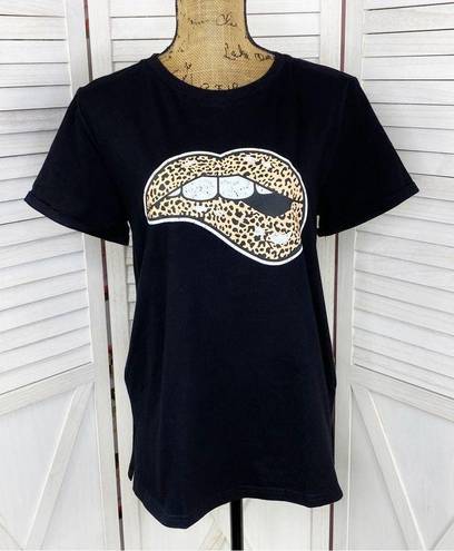 Blooming Jelly  Leopard Lips Graphic Print T-shirt Black Peach Large