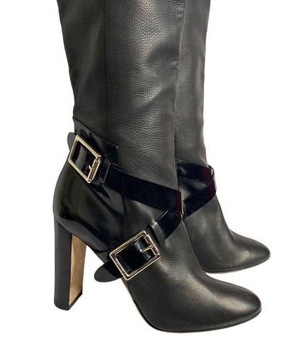 Jimmy Choo  Knee High Leather Pull On Heeled OTK Boots Black Size 38