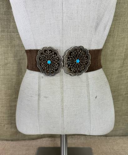 Vintage Brown Suede Leather Belt With Brass & Turquoise Buckle S