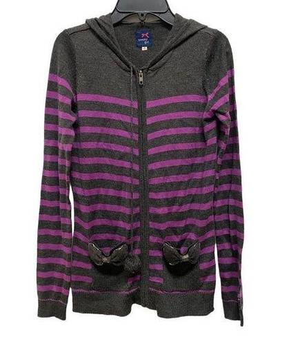 Tommy Hilfiger Tommy Girl Y2K Striped Hooded Zip Jacket Cardigan Sweater Gray Purple Top Bow