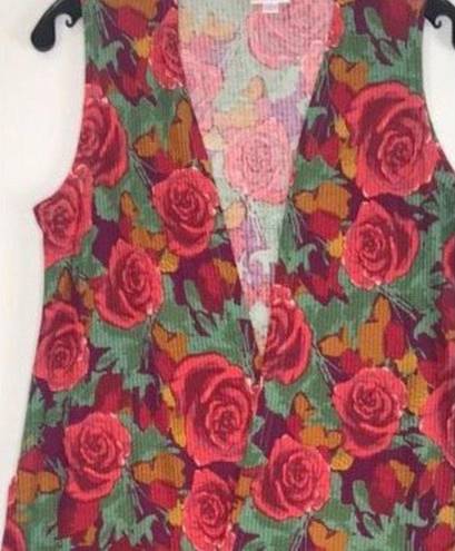 LuLaRoe New Womens  Joy Ribbed Rose Print  Kimono Flowy Sleeveless Duster - Sz XS