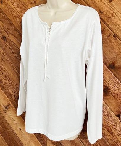 Brooks  long sleeve lace up scoop neck pullover blouse top stretchy cotton white