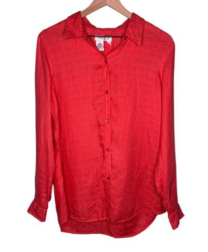 Coldwater Creek 100% Linen Textured Long Sleeve Coral Button Up Collared Blouse