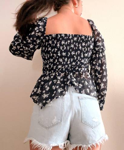 Lane 201 Navy Blue Flattering Floral Long Sleeve Puffy Sleeve Peplum Blouse Top