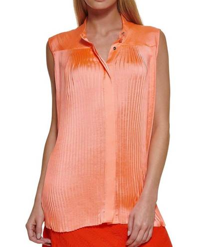 DKNY New  Pleated Front Satin Sleeveless Button Down Top Blouse Spark Size Medium