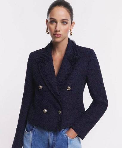 ZARA Tweed Textured Frayed Crop Blazer Jacket in Navy Size L