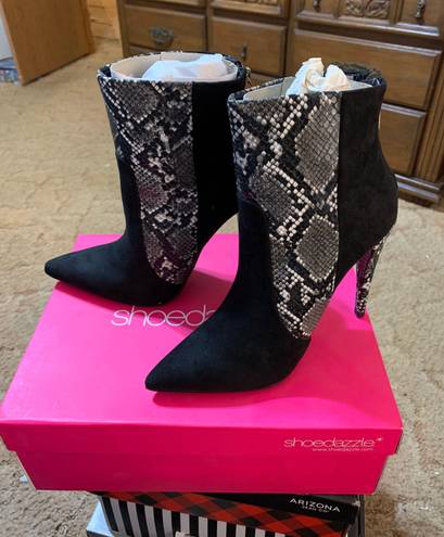 Shoedazzle Heeled Snake Print Suede Booties