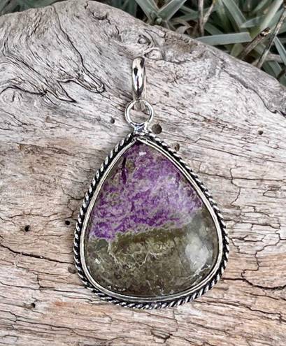 Handmade Teardrop Natural Charoite Gemstone Sterling Silver 1.7” Pendant