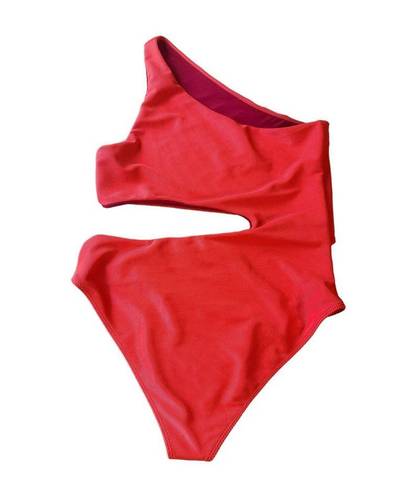 Beach Riot  Celine One Shoulder Cutout One Piece Red Ribbed Swimsuit Size XL