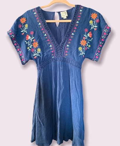 Blue Rain  Womens Blue Short Sleeve V Neck Floral Embroidered Top Size  XXS