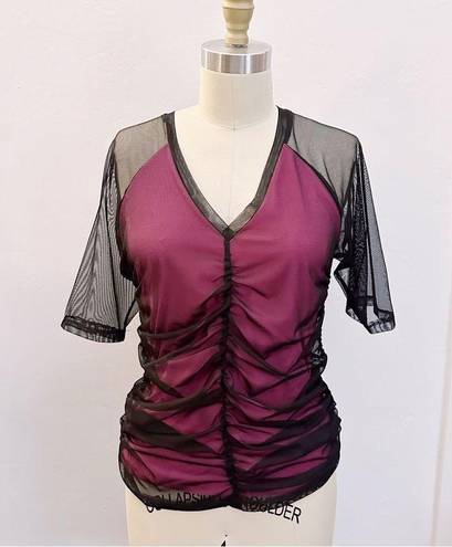 DKNY  Ruched V Neck Top Y2K 90s Mesh Layered Shirt NWT