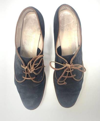 Salvatore Ferragamo  Suede Oxford Lace Up Flats Black Brown Size 7 AA