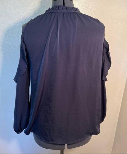 Vintage Havana  Cold Shoulder Ruffle Blouse Navy Blue