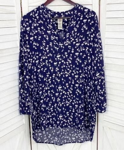 In Bloom Floral Bell Sleeve Tunic Shirt Dress Blue White Small