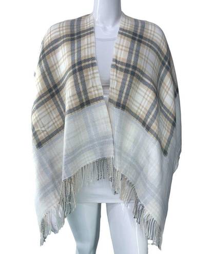 J.Jill  Womens One Size Poncho Sweater Wrap Plaid Acrylic Fringe Neutral Soft