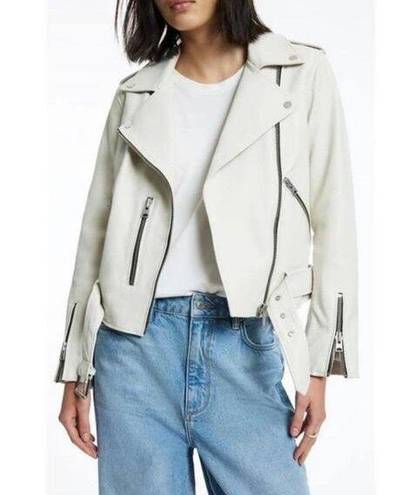 All Saints Leather Biker Balfern Belted Hem Zip Up Long Sleeve Jacket Ivory 10