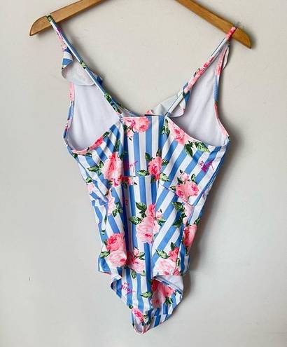 Betsey Johnson  Women Blue Stripe Floral 1 Piece Swim Suit Size S Large