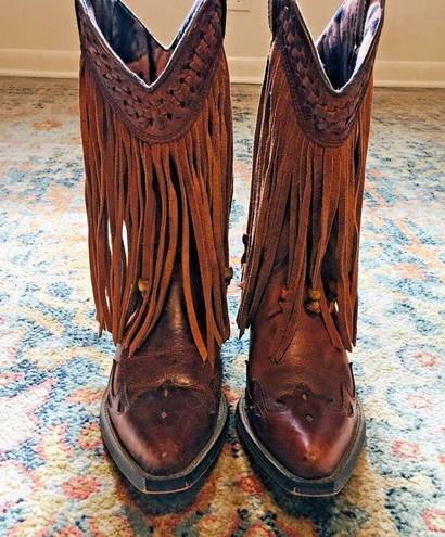 Dingo  Brown Leather Cassidy Cowboy Western Fringed Braided Wood Beads Boots 8