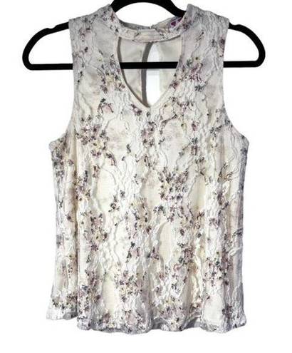 Three Pink Hearts  Floral Lace Choker Sleeveless Tank Top Ivory Medium