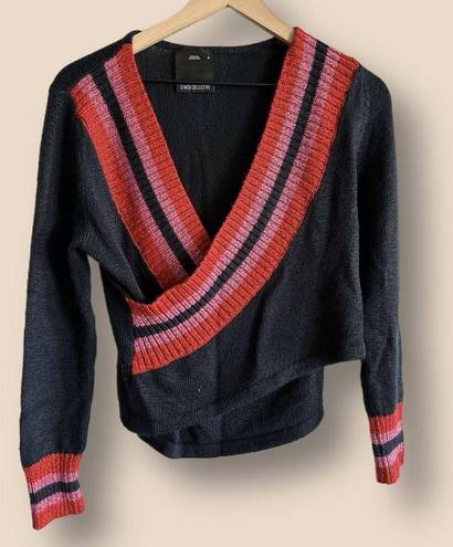 C/MEO COLLECTIVE  Long Sleeve V-Neck Crossover Sweater - Stripes - Navy Multi