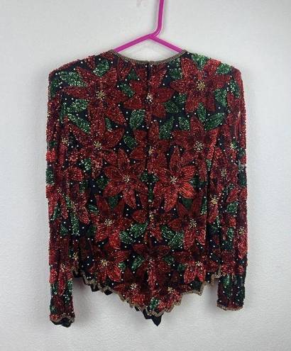 Laurence Kazar  New York Vintage Poinsettia Sequin Beaded Blouse Top Size Large