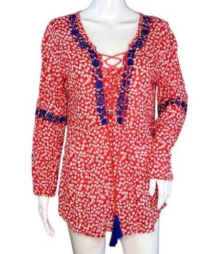 Solitaire  Blouse Womens Medium Red White Ditzy Floral Blue Embroidery Bohemian