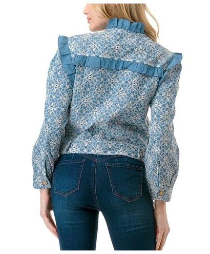 Solitaire  Women’s Sz L NEW Denim Floral Ruffle Eyelet Lace Cropped Shirt Jacket