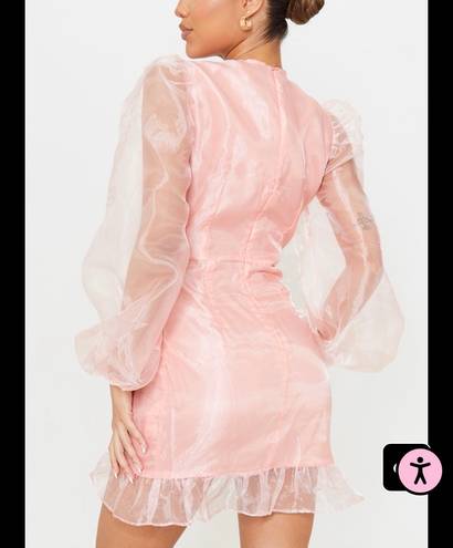 Pretty Little Thing Blush Organza Puff Sleeve Wrap Bodycon Dress 