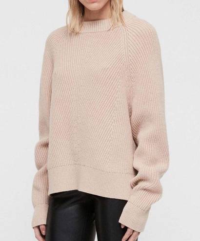 ALLSAINTS Sylvie Wool Cashmere Knit Crewneck Side Slit Sweater Beige Pink