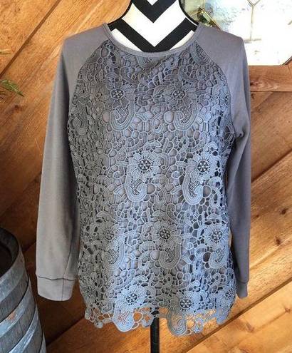 Adrianna Papell  Grey Crew Neck Floral Lace Overlay Sweatshirt Medium