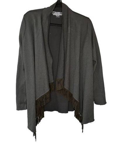 Majestic  Filatures Merino Wool Leather Fringe Tassel Open Front Cardigan Pockets