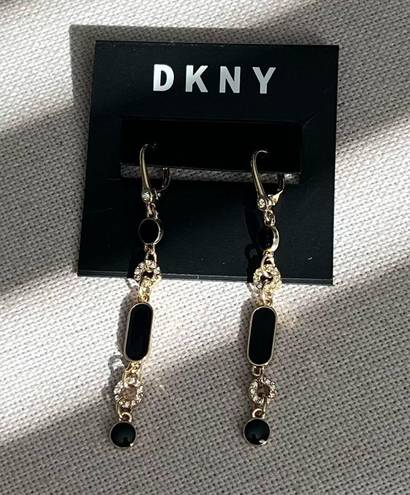 DKNY  Gold-Tone Pave Circle & Jet Resin Linear Drop Earrings Black/Gold New w/Tag
