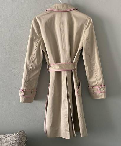 Coach  Tan Double Breasted Trench Coat With Pink Piping