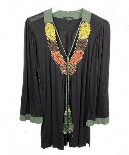 Tbags Los Angeles T-Bags Los Angeles Beaded V-Neck Tunic Top Black Green Rope Tassels Size Large