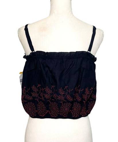 Arizona Jean Company NWT Navy Blue Chambray Red Embroidered Floral Ruched Crop Top Tank New