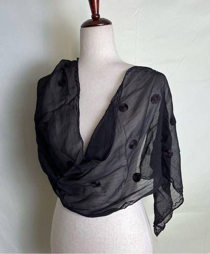 Vintage Sheer Black Scarf Embroidered Polka Dot Boho Fairy Grunge Goth 13x58