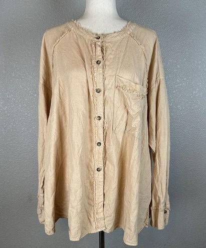 We The Free  People Women Keep It Simple Button Up Top L Large Peach Frayed Linen