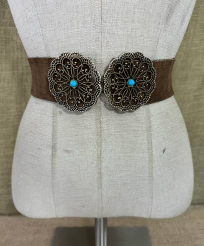 Vintage Brown Suede Leather Belt With Brass & Turquoise Buckle S