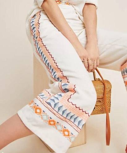 Anthropologie  Wide Leg Boho Embroidered Linen Pants with Pockets White 0