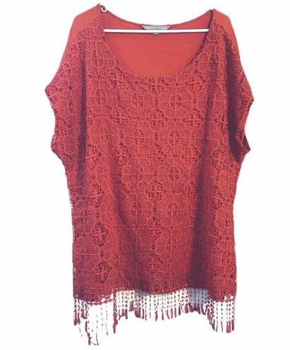 Valerie Stevens  Fiery Red Fringe Lace Overlay Top Blouse Plus 2X Boho Festival