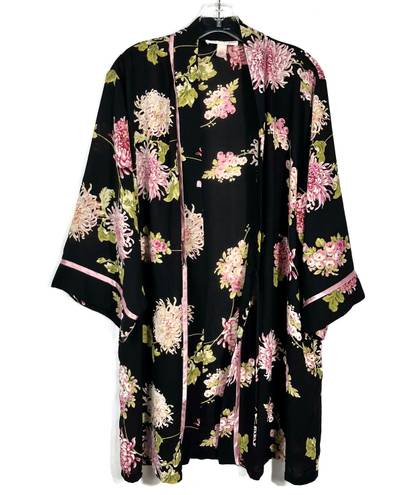 Oscar de la Renta Pink Label Vintage Y2K Black Floral Silky Tie Kimono Robe M