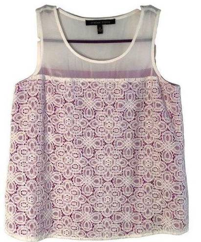 Cynthia Steffe  XS Tank Top Purple White Lace Silhouette Lined Semi Sheer 544