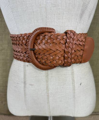 Vintage Women’s Tan Woven Leather Belt And Buckle 0