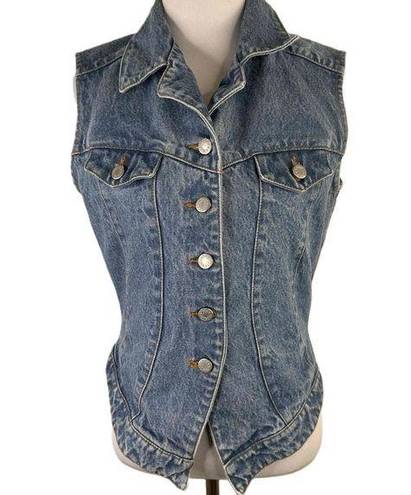 Vintage Blue Red Lodge  Button Front Sleeveless Denim Jean Vest Size Medium