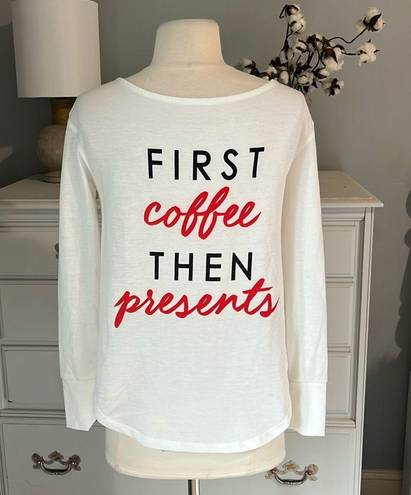 True Craft Christmas Shirt First Coffee then Presents Womens XS White Red Oversized Top