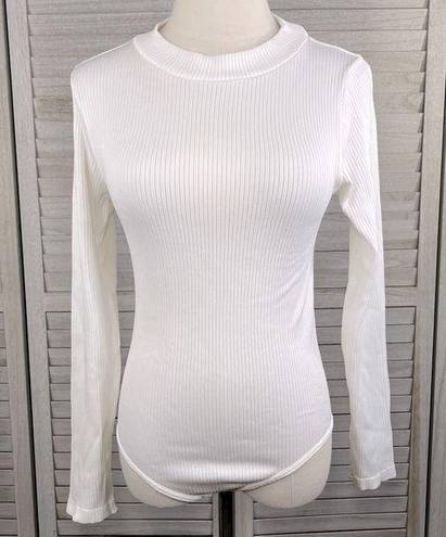 Aura  Long Sleeve Mock Neck Bodysuit Stretchy Ribbed White-M/L