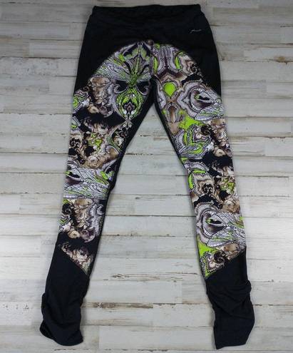 Gottex Black & green print low rise ruched athletic yoga leggings