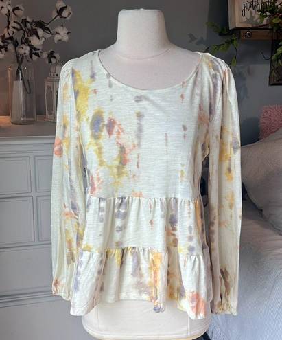 True Craft Ivory Tie Dye Tiered Top  Long Sleeve Cotton Blend Flowy Womens Medium